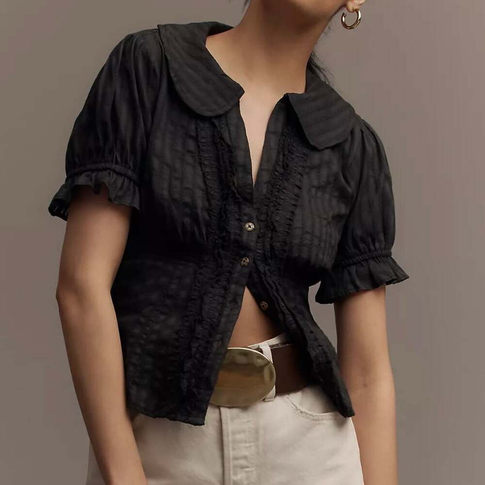 Pilcro Black Short-Sleeve Button Front Blouse